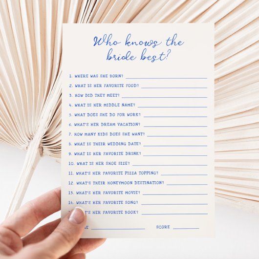 Met de hand geschreven Blauwe Wie kent de bruid he Kaart