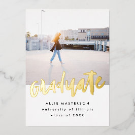 Met de hand geschreven foto gouden afstudeeraankon folie uitnodiging