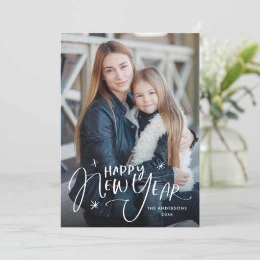 Met de hand geschreven Happy Nieuwjaarsfoto Feestdagenkaart (Staand voorkant)