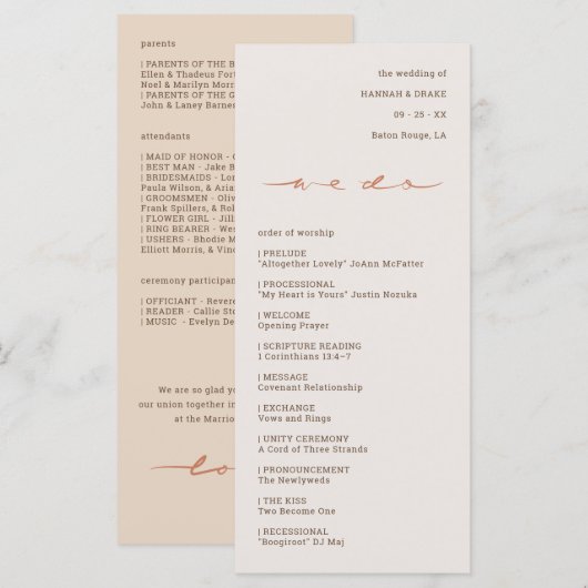 Met de Hand Geschreven Lettertype Huwelijk Programmakaart (Voorkant / Achterkant)
