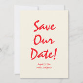 Met de hand geschreven levendig rood retro uniek e save the date (Voorkant)