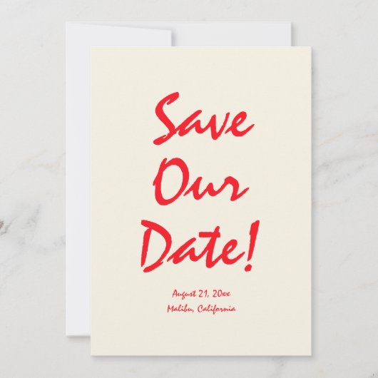 Met de hand geschreven levendig rood retro uniek e save the date (Voorkant)