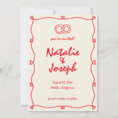 Met de hand geschreven levendig rood retro uniek e save the date (Achterkant)