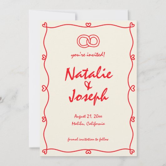 Met de hand geschreven levendig rood retro uniek e save the date (Achterkant)