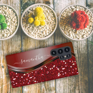 Met de hand geschreven naam Glam Red Metal Glitter Samsung Galaxy Hoesje
