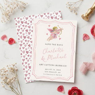 Met de Hand Geschreven Retro Cupido Cherubijn Roze Save The Date