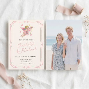 Met de hand geschreven retro Cupido cherubijn roze Save The Date