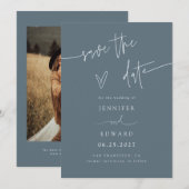Met de Hand Geschreven Script Leisteen Blauwe Bewa Save The Date (Voorkant / Achterkant)