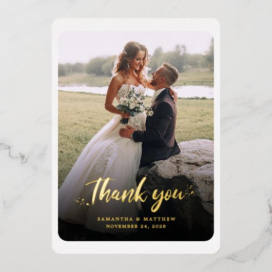 Met de hand geschreven trouwfoto Bedankt Goud Folie Uitnodiging (Voorkant)