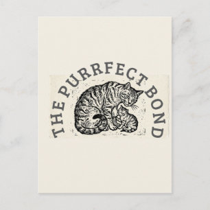 Met de hand gesneden Linocut Kat Moeder & Kitten - Briefkaart