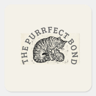 Met de Hand Gesneden Linocut Kat Moeder & Kitten - Vierkante Sticker