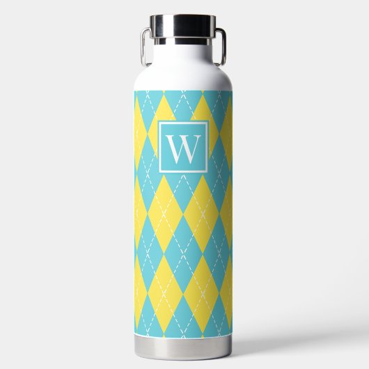 Met de hand gestikte Argyle - Gele en Turquoise Mo Waterfles (Voorkant)