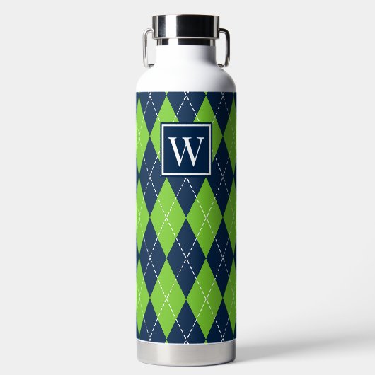 Met de hand gestikte Argyle - Lime & Navy Monogram Waterfles (Voorkant)