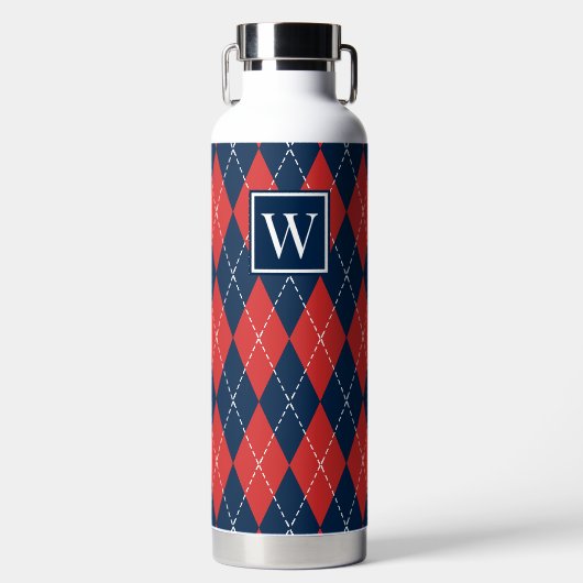 Met de hand gestikte Argyle - Rode witte en marine Waterfles (Voorkant)