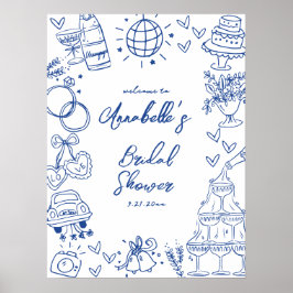 Met de Hand Getekend Blauw Bruids Bruiloft Welkom  Poster