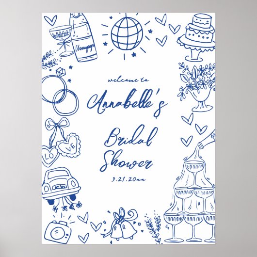Met de Hand Getekend Blauw Bruids Bruiloft Welkom  Poster (Voorkant)