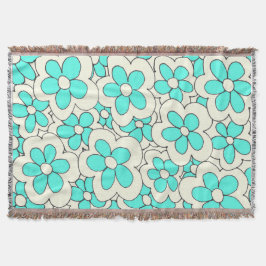 Met de Hand Getekend Blauw en Crème Bloemmotief Deken