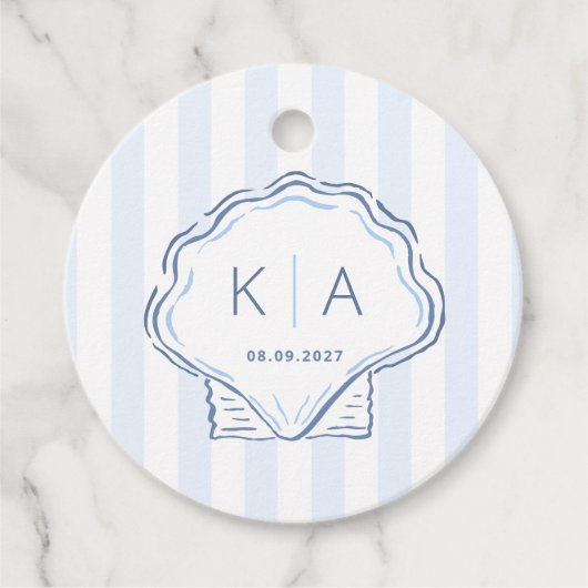 Met de Hand Getekend Blauw En Wit Schelp Monogram Bedankjes Labels (Voorkant)