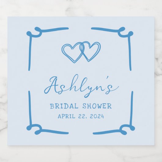 Met de hand getekend blauw hart bruidsdouche champ sparkling wijnetiket (Enkel label)