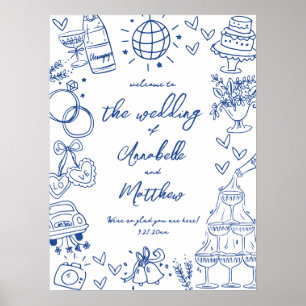 Met de Hand Getekend Blauw Whimsical Trouw Welkom  Poster