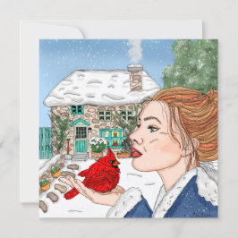 Met de hand getekend Engels landhuis en kardinaal Feestdagenkaart