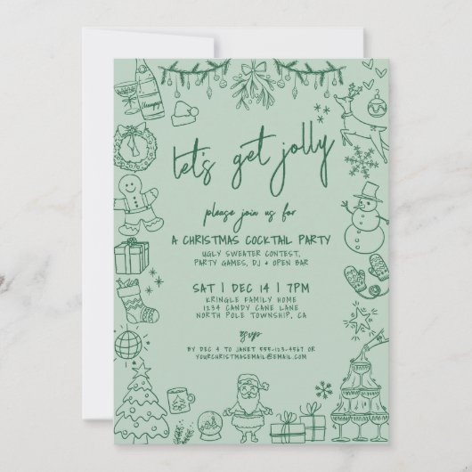 Met de Hand Getekend Fantasievol Kerst Cocktail Fe Kaart (Voorkant)