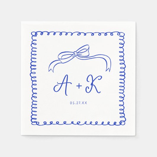 Met de Hand Getekend Frans Blauw Trouw Monogram Servet (Voorkant)