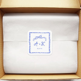 Met de hand getekend Frans blauw trouwmonogram Vierkante Sticker