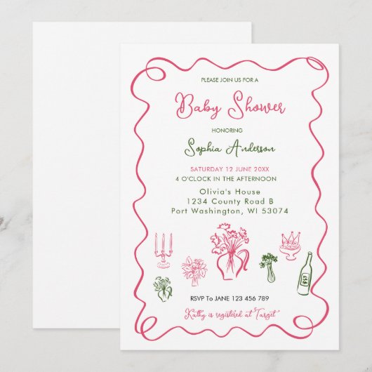 met de hand getekend grillig Baby shower Kaart (Voorkant / Achterkant)