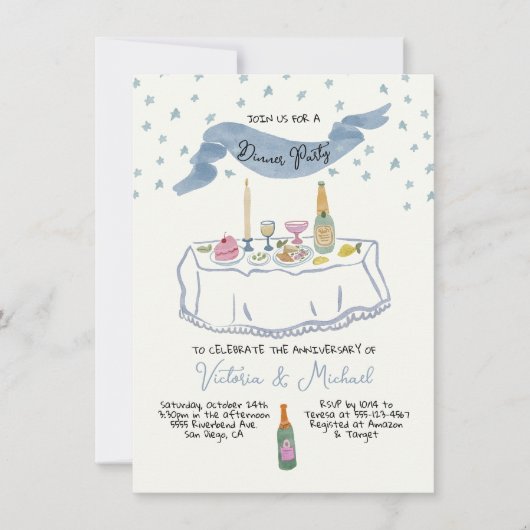 Met de hand getekend grillig dinerfeestje kaart (Voorkant)