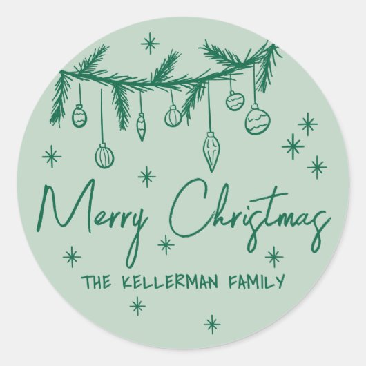 Met de hand getekend Groen Prettig Kerstfeest Ronde Sticker (Voorkant)