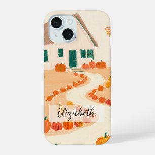 Met de hand getekend herfsthuis omzoomd met pompoe iPhone 15 case