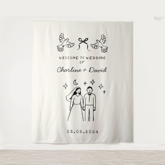 Met de Hand Getekend Huwelijksbegroeting Wandkleed (Voorkant)