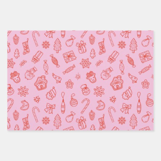 Met de hand getekend kerst roze en rood inpakpapie inpakpapier vel (Voorkant)