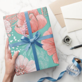 Met de Hand Getekend Koraal Bloem Mint Bloemmotief Cadeaupapier