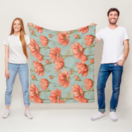 Met de Hand Getekend Koraal Bloem Mint Bloemmotief Fleece Deken