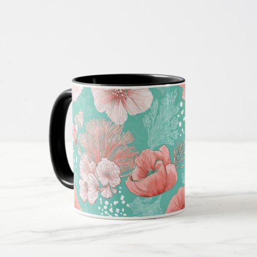 Met de Hand Getekend Koraal Bloem Mint Bloemmotief Mok (Voorkant links)