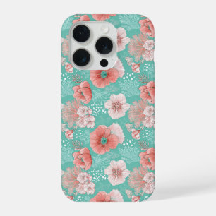 Met de Hand Getekend Koraal Bloem Mint Bloempatroo iPhone 15 Pro Case