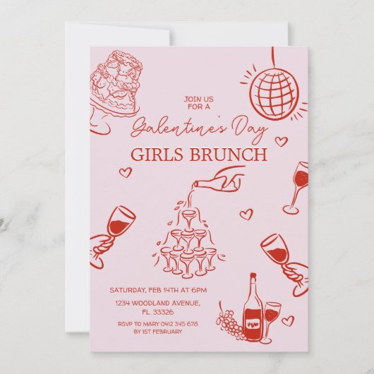 Met de hand getekend Pink Galentine's Girls Night Kaart (Voorkant)