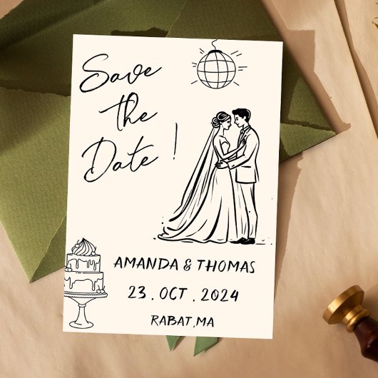 Met de Hand Getekend Retro Crème Whimsical Save The Date
