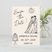 Met de Hand Getekend Retro Crème Whimsical Save The Date (Staand voorkant)