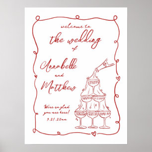 Met de Hand Getekend Rode Whimsical Huwelijks Welk Poster