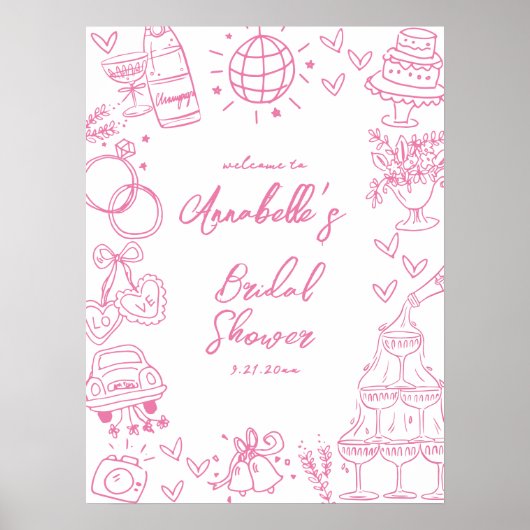 Met de Hand Getekend Roze Bruidsdouche Welkomstbor Poster (Voorkant)