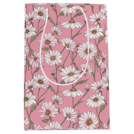 Met de hand getekend roze madeliefje wit bloempatr medium cadeauzakje