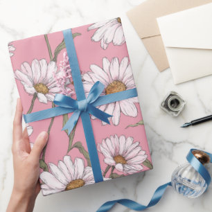 Met de Hand Getekend Roze Madeliefje Witte Bloemmo Cadeaupapier