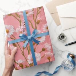 Met de Hand Getekend Roze Madeliefje Witte Bloemmo Cadeaupapier