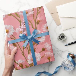 Met de Hand Getekend Roze Madeliefje Witte Bloemmo Cadeaupapier