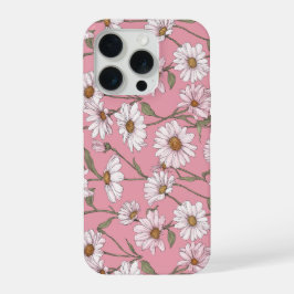 Met de Hand Getekend Roze Madeliefje Witte Bloemmo iPhone 15 Pro Case