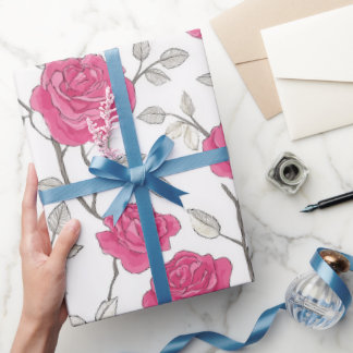 Met de hand getekend roze roos wit bloemmotief cadeaupapier