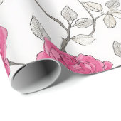 Met de hand getekend roze roos wit bloemmotief cadeaupapier (Rol Hoek)